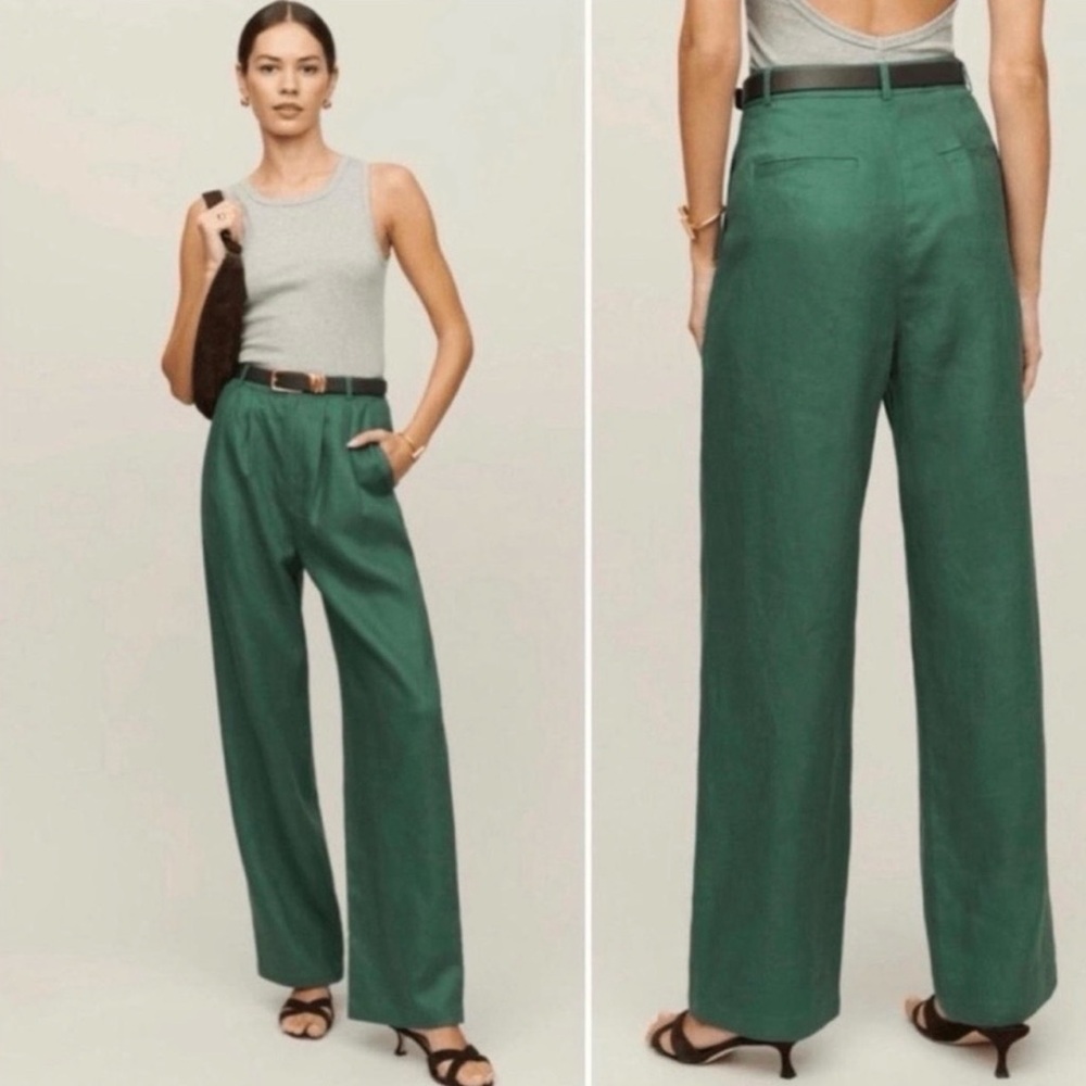 Reformation Vesta 100% LINEN Pleated Pants High Rise Wide Leg Kelly Green size 4